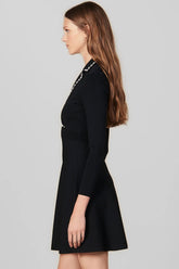 Vintage Perlen Revers Langarm Fit & Flare Pullover Minikleid - Schwarz